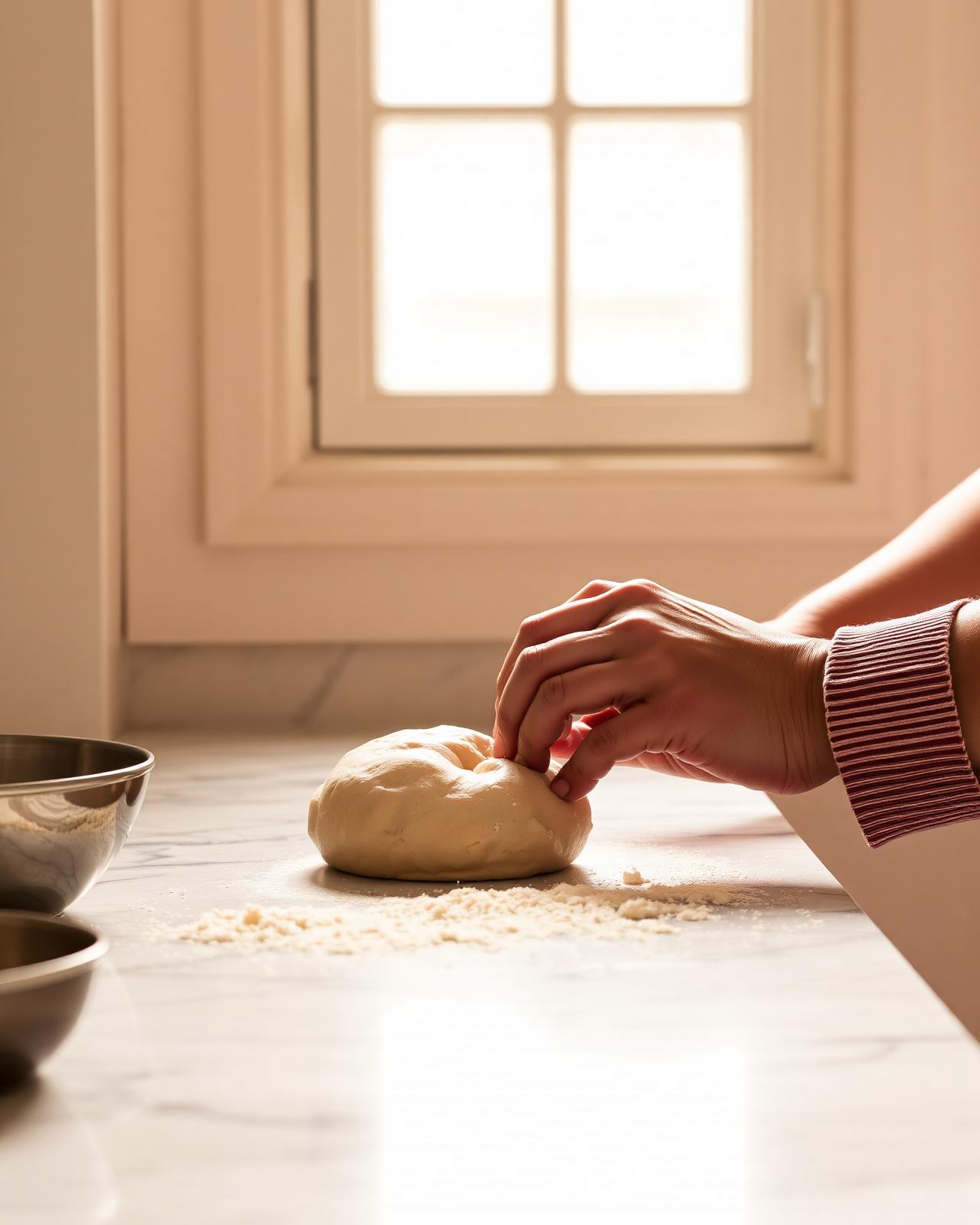 Hands kneading dough on marble